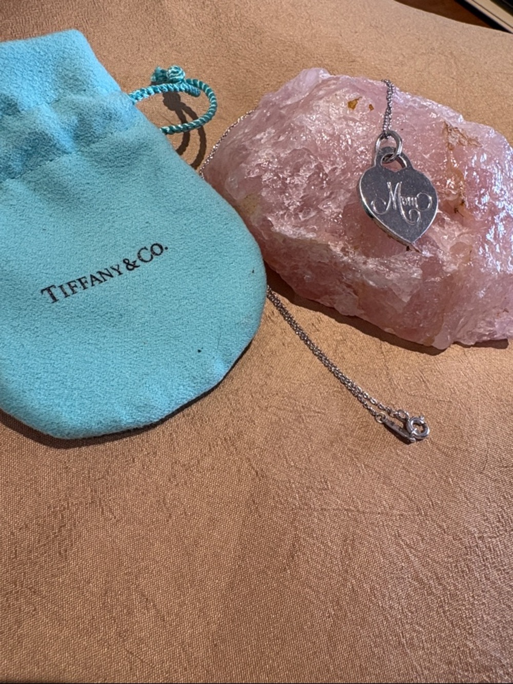 Tiffany & Co. Sterling Silver 'Mom' Heart Tag Necklace with Blue Pouch